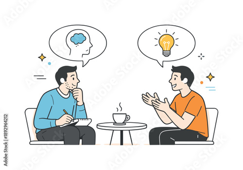 Coach-Client Dialogue. Coaching philosophy one-on-one session. A focused yet friendly scene of a coach listening attentively while a client speaks, speech