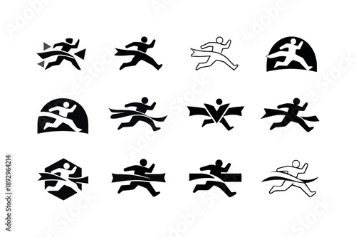 Challenge Overcoming Icons. Overcoming challenge. Icon set. Set Logo of overcoming challenge: silhouette leaping over finish line. harmonious logo variations