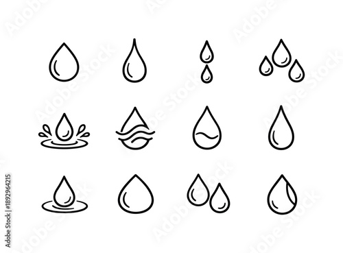 Nature Water Icons. Nature Water Droplets. Line icon set of Nature Water Droplets: round water droplet, hanging dew drop, falling dew bead, clustered droplets,