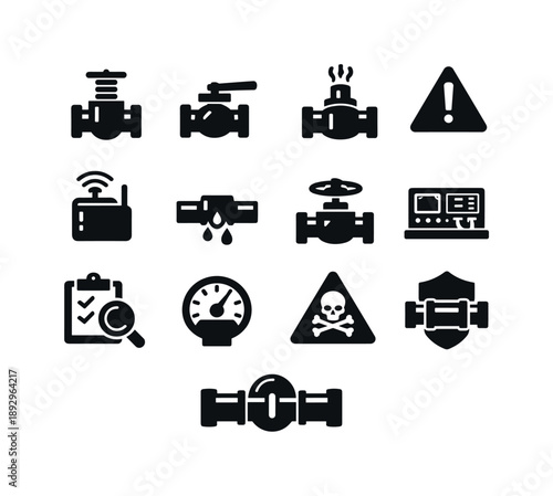Pipeline Safety Icons. Pipeline safety. Solid icon set of Pipeline safety: safety valve, emergency shutdown valve, pressure relief valve, warning sign,