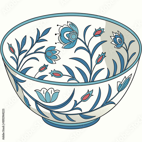A simple blue and white ceramic bowl with delicate floral patterns, clean line art, minimal style, soft colors, elegant design