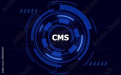 Digital abstract HUD interface with the acronym CMS in the center on a dark blue background content management system.4k animation motion graphics video.