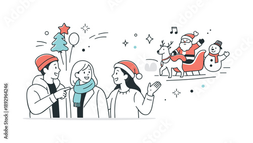 Joyful Parade Gathering. People at holiday parade interaction. Friends talking and pointing toward decorations and performers. Lively yet relaxed social