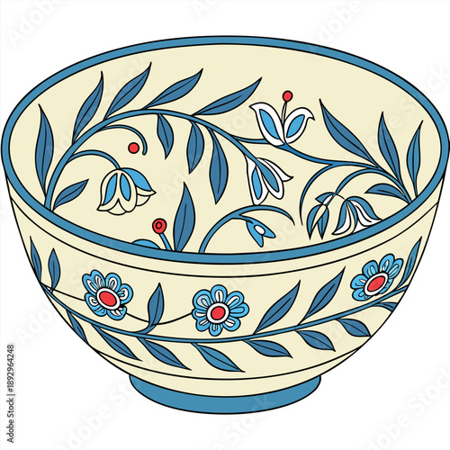 A simple blue and white ceramic bowl with delicate floral patterns, clean line art, minimal style, soft colors, elegant design
