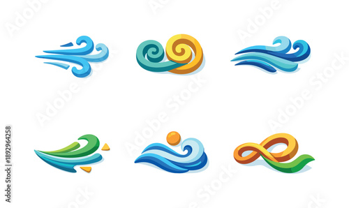 Colorful Wind Icons. Wind symbols. Isometric flat vector icons set of Wind symbols: stylized wind icon, double swirl mark, flowing gust symbol, curved airflow