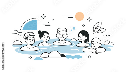 Hot Springs Harmony. People at hot springs moment. Group enjoying a peaceful pause in the water, sense of balance and well-being with abstract decorative
