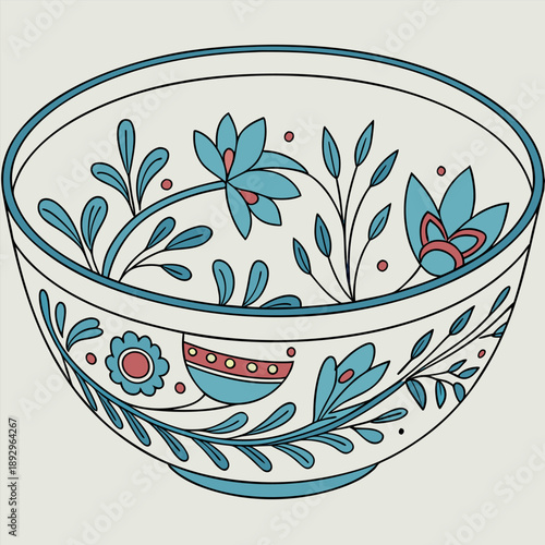 A simple blue and white ceramic bowl with delicate floral patterns, clean line art, minimal style, soft colors, elegant design