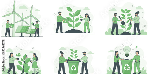 Collection of Six Eco-Themed Illustrations Showing Renewable Energy, Recycling, and Plant Cultivation for Environmental Awareness and Sustainability