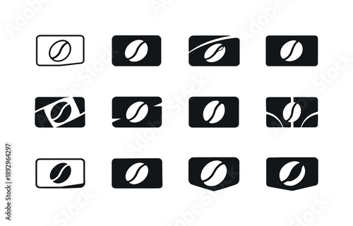 Coffee Logo Variety. Coffee loyalty card. Icon set. Set Logo of Coffee loyalty card: coffee bean stamp inside card shape. harmonious logo variations of the