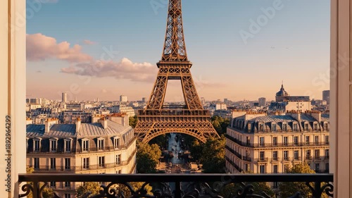 A view from the balcony shows the Eiffel Tower prominently. The Eiffel Tower towers over the Parisian skyline during sunset, surrounded by buildings and clouds.
