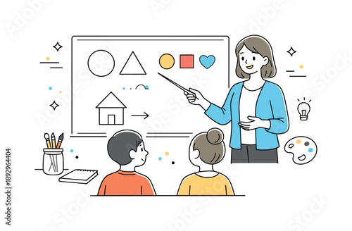 Creative Art Lesson. Art education. A teacher calmly explaining basic art concepts to students, pointing at simple shapes and colors on a board. The scene