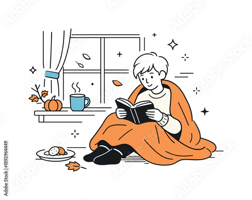 Cozy Reading Nook. People reading books. A person reading by a window with a blanket and tea, surrounded by soft light. Comfort, focus and warmth in a domestic