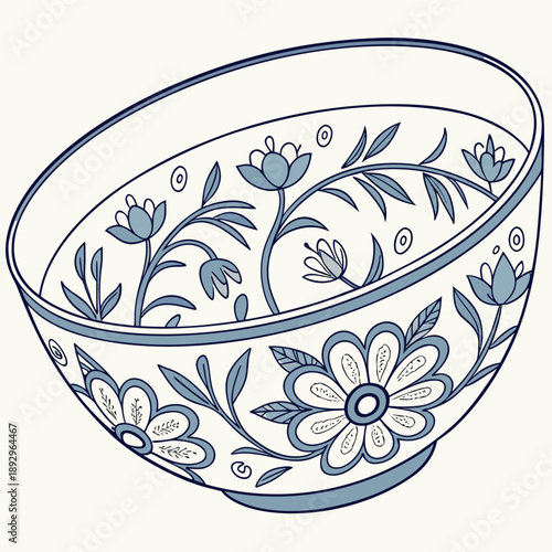 A simple blue and white ceramic bowl with delicate floral patterns, clean line art, minimal style, soft colors, elegant design