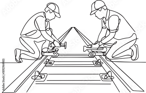 Two workers installing railway tracks on a construction site viewed from the side