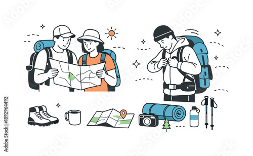 Hiking Trip Preparation. Hiking trip preparation. Hikers checking a map and adjusting gear before starting. Thoughtful planning and shared anticipation.