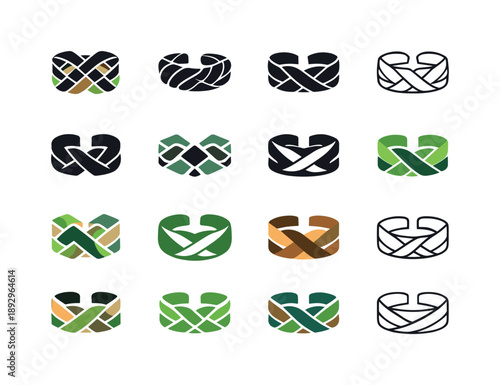 Sustainable Icon Set. Sustainable and upcycled fashion accessories. Icon set. Set Logo of sustainable and upcycled fashion accessories: woven scrap-fabric