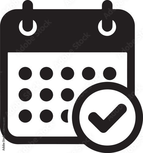  modern black-and-white icons representing a calendar for scheduling events, with one showing a checkmark and another a clock
