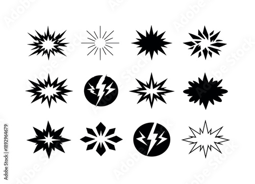 Power Surge Logos. Power surge metaphor. Icon set. Set Logo of power surge metaphor: radial energy shockwave. harmonious logo variations of the same emblematic