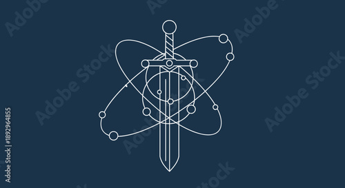 Mystical Sword with Celestial Orbits and Geometric Patterns.