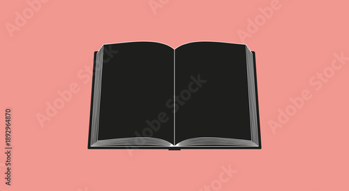 Open black book with blank pages on a pink background.