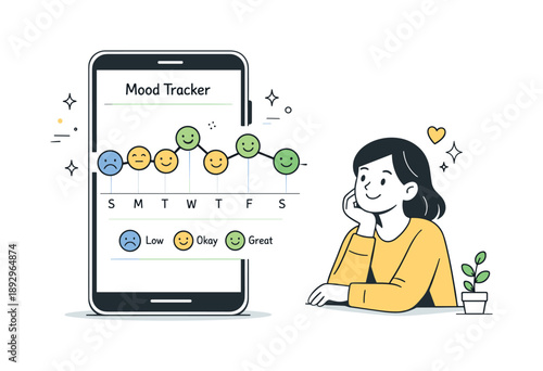 Mood Progress Tracker. Mood tracking chart. A smartphone screen displaying daily mood levels with friendly face icons, while a character calmly observes