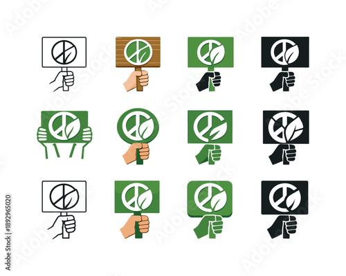 Environmental Activism Icons. Environmental activism. Icon set. Set Logo of Environmental activism: protest sign with green symbol. harmonious logo variations