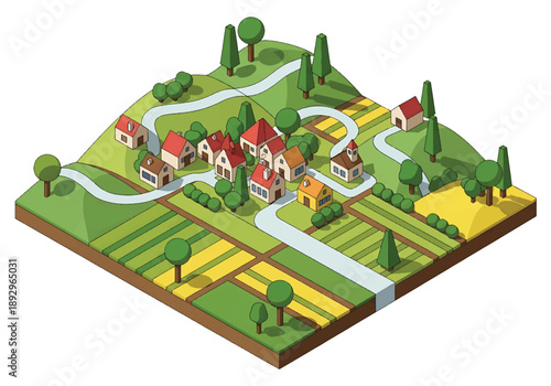 Isometric 3D view illustration of a European countryside landscape with rolling hills, village houses, farmland, trees, and winding roads, shown in clean vector style for travel and scenery design