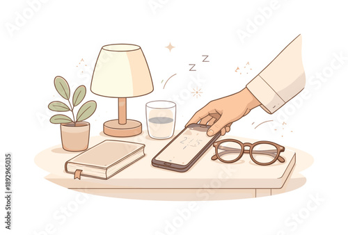 Nightstand Essentials. Bedroom nightstand objects. A person placing a phone and glasses on a soft-toned nightstand, capturing end-of-day rituals and personal