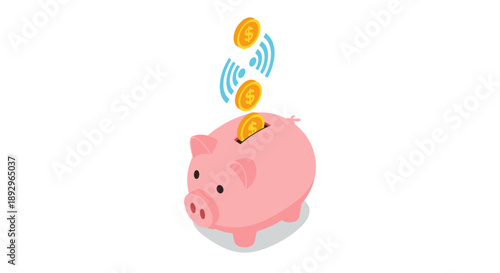 Pink Piggy Bank Receiving Golden Coins with WiFi Signals.