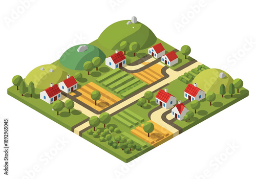 Isometric 3D view illustration of a European countryside landscape with rolling hills, village houses, farmland, trees, and winding roads, shown in clean vector style for travel and scenery design