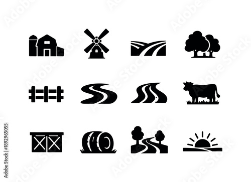 Countryside Icon Set. Countryside life. Solid icon set of countryside life: farmhouse, windmill, field rows, tree cluster, wooden fence, river bend, tractor