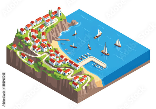 Isometric 3D view illustration of a Mediterranean coastal town with cliffs, calm sea, small boats, hillside houses, and scenic shoreline in modern vector style for travel backgrounds