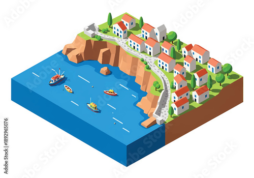 Isometric 3D view illustration of a Mediterranean coastal town with cliffs, calm sea, small boats, hillside houses, and scenic shoreline in modern vector style for travel backgrounds