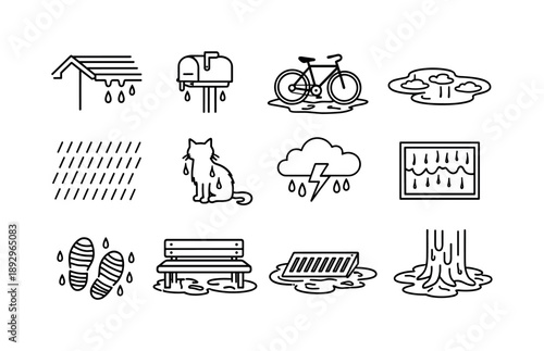 Rainy Day Icons. Rainy Day. Line icon set of rainy day: rooftop dripping, soaked mailbox, wet bicycle, puddle reflection, heavy rainfall streaks, drenched cat