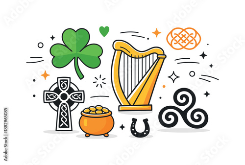 Classic Irish Harmony. Irish symbols. A calm editorial scene with classic Irish icons like a shamrock, harp, and Celtic motifs arranged harmoniously. The