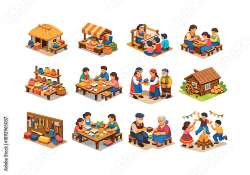 Artisan Community Icons. Artisan community life. Colorful isometric vector icons set of Artisan community life: village workshop, local market stall, craft