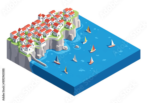 Isometric 3D view illustration of a Mediterranean coastal town with cliffs, calm sea, small boats, hillside houses, and scenic shoreline in modern vector style for travel backgrounds