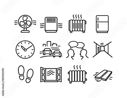 Ambient Room Icon Set. Ambient room sounds. Line icon set of Ambient room sounds: oscillating fan, air purifier hum, quiet heater, refrigerator hum, clock