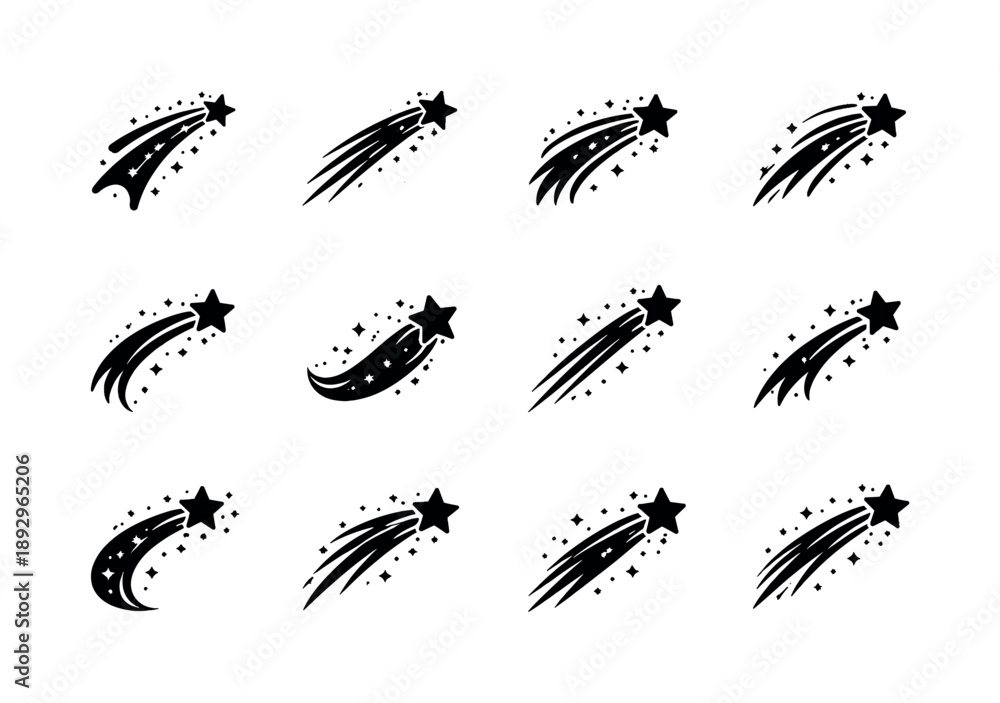 Fototapeta premium Shooting Star Icons. Shooting Star. Solid icon set of Shooting Star: shooting star icon, long light tail, star streak curve, falling meteor, sparkle trail,