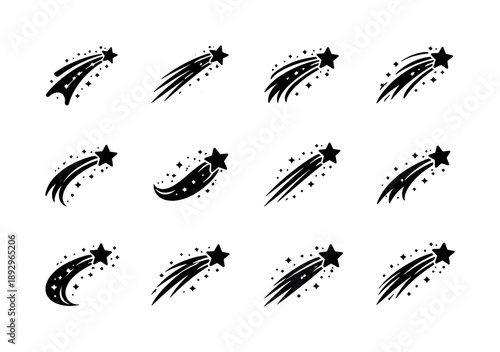 Shooting Star Icons. Shooting Star. Solid icon set of Shooting Star: shooting star icon, long light tail, star streak curve, falling meteor, sparkle trail,