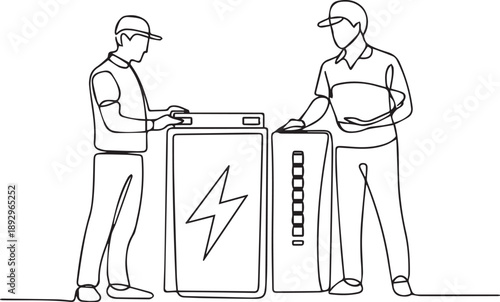 Two technicians examining battery and power bank side by side in a maintenance setting