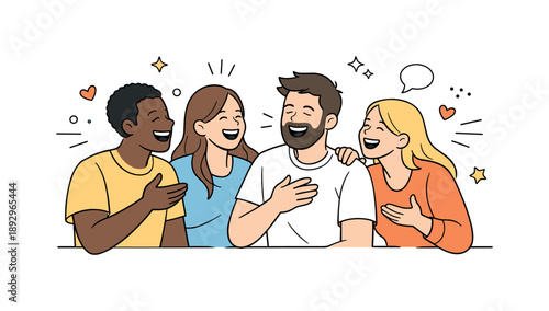 Joyful Friends Together. Friends hanging out laughter. Friends laughing together with expressive gestures and light decorative shapes around. Joy, warmth and