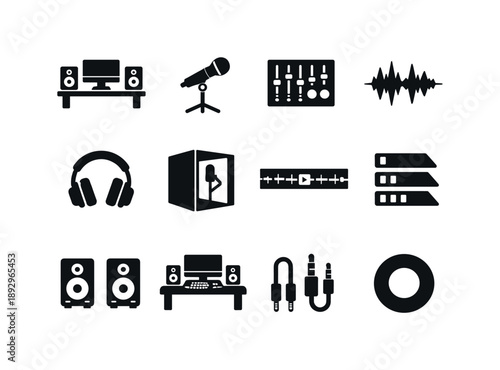 Album Recording Icons. The album recording process. Solid icon set of The album recording process: recording studio, microphone stand, mixing console, sound