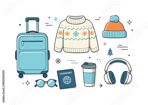 Winter Travel Essentials. Winter travel flat lay objects. Collection of seasonal travel items like suitcase, sweater, hat, passport, and headphones, evenly