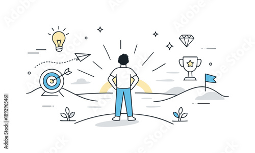 Journey to Clarity. Becoming a better version of yourself. A serene character reaching a soft abstract horizon, surrounded by symbols of clarity and