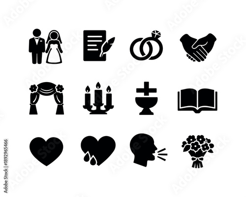 Sacred Vows Icons. Sacred Vows. Solid icon set of Sacred Vows: bride and groom, vow paper, wedding ring, holding hands, wedding altar, unity candle, sacred