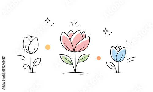 Minimalist Floral Bloom. Almost in bloom. Abstract floral shapes slowly opening, balanced and minimal in composition. Calm feeling of patience, growth, and