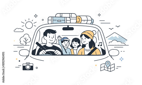 Family Road Trip. Holiday travel with family road trip. Family inside a car with bags packed, simple landscape passing by. Cozy movement and shared holiday