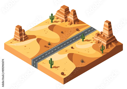 Isometric 3D view illustration of a desert landscape with sand dunes, rocks, sparse vegetation, and a long road, clean vector scenery for travel and environment concepts