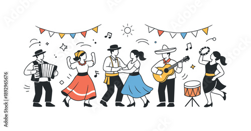 Traditional Music Festival. Traditional music celebration. People dancing and playing music during a local festival, expressing joy and identity. Lively yet